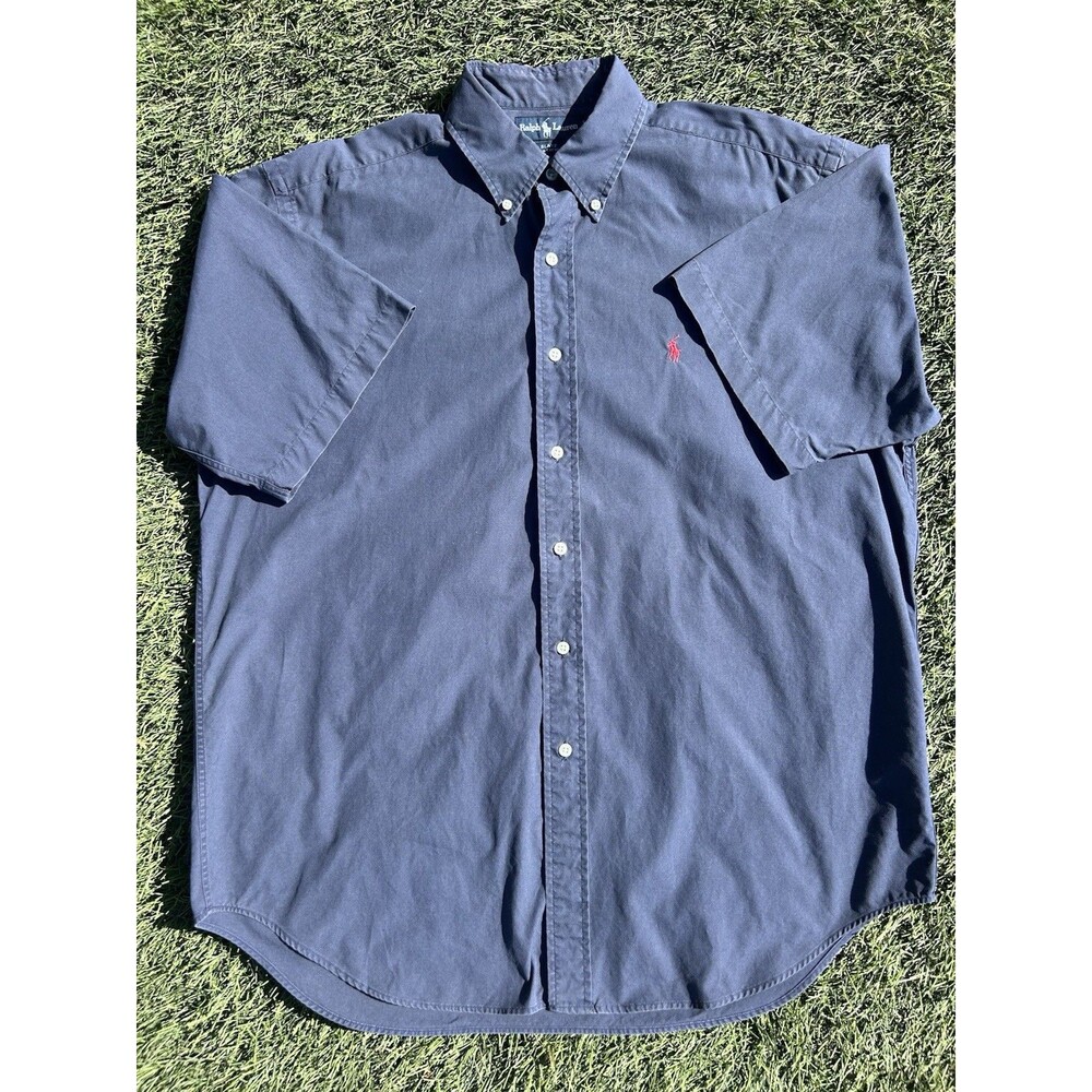 Vintage Ralph Lauren Blake Mens L Navy Short Sleeve Button Down 100% Cotton